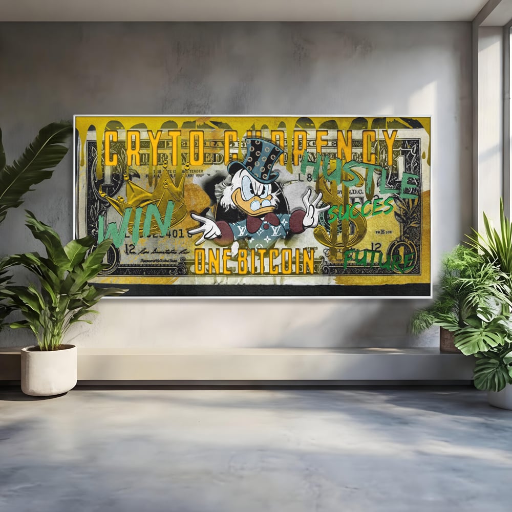 Tablou canvas cu tablou canvas cu donald duck si bitcoin, in rama de aluminiu argintiu